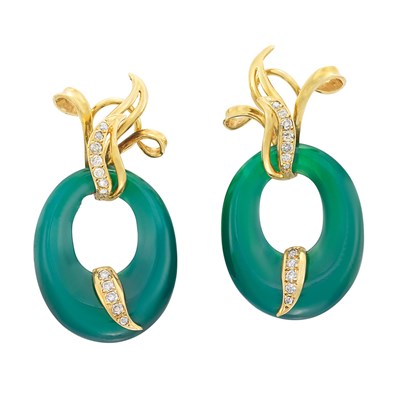Lot 378 - Pair of Gold, Green Onyx and Diamond Hoop Earclips