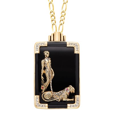Lot 169 - Two-Color Gold, Black Onyx, Diamond and Ruby Pendant-Brooch, Erte, with Gold Chain