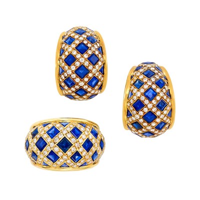 Lot 19 - Pair of Gold, Sapphire and Diamond Bombe Earclips and Ring