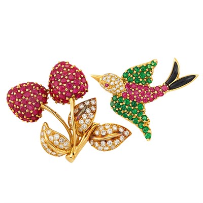 Lot 21 - Gold, Ruby, Tsavorite Garnet, Diamond and Black Onyx Bird Pin, Jean Vitau, and Gold, Ruby and Diamond Pin