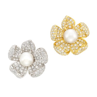 Lot 27 - Pair of Platinum, Gold-Plated Platinum, South Sea Cultured Pearl and Diamond Flower Brooches