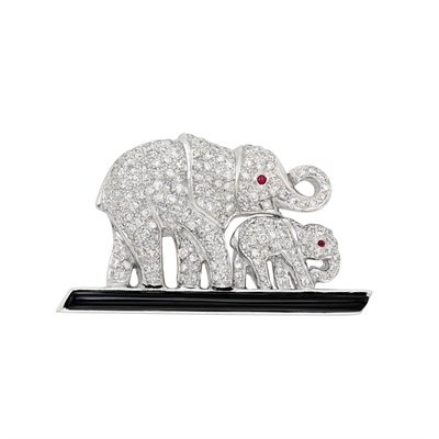 Lot 110 - White Gold, Diamond, Black Onyx and Cabochon Ruby Elephant Pin