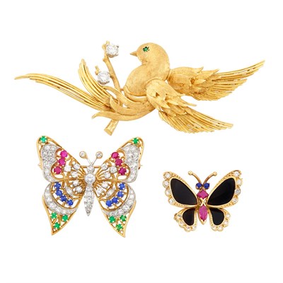 Lot 47 - Gold and Diamond Bird Brooch, Neiman Marcus, and Two Diamond, Gem-Set and Black Onyx Butterfly Pins