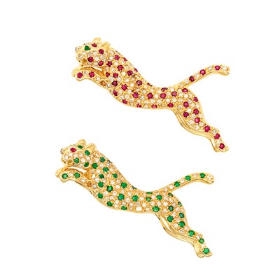Lot 371 - Pair of Gold, Diamond, Emerald and Ruby Leopard Pins