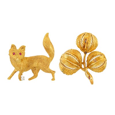 Lot 17 - Gold Flower Pin, Tiffany & Co., and Gold, Diamond and Ruby Fox Pin