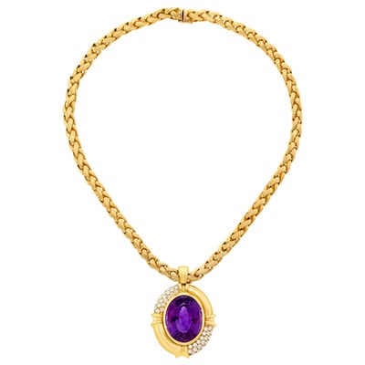 Lot 410 - Gold, Amethyst and Diamond Pendant with Braided Gold Necklace