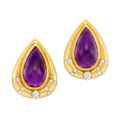 Lot 409 - Pair of Gold, Cabochon Amethyst and Diamond Earclips