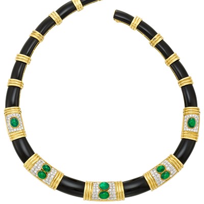 Lot 31 - Two-Color Gold, Black Onyx, Cabochon Emerald and Diamond Necklace