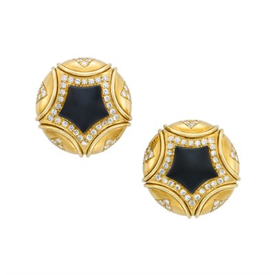 Lot 28 - Pair of Gold, Black Onyx and Diamond Earclips