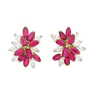 Lot 322 - Pair of Platinum, Gold, Ruby and Diamond Cluster Earclips, Oscar Heyman Brothers