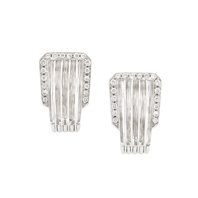 Lot 304 - Pair of White Gold, Carved Rock Crystal and Diamond Earclips
