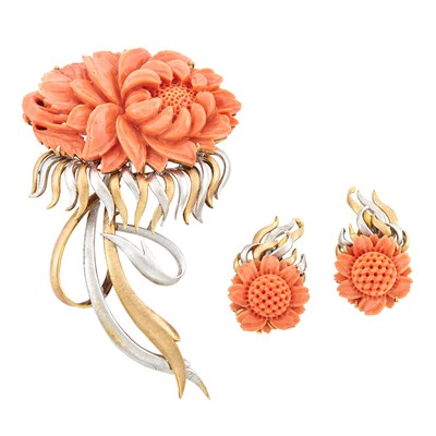 Lot 12 - Two-Color Gold and Carved Coral Flower Brooch and Pair of Earclips