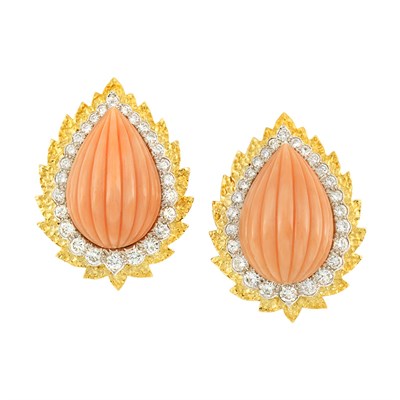Lot 375 - Pair of Gold, Platinum, Carved Coral and Diamond Earclips, David Webb