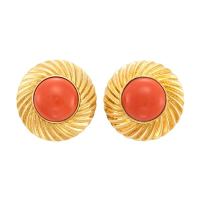 Lot 3 - Pair of Gold and Coral Earclips