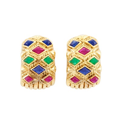 Lot 23 - Pair of Gold and Cabochon Colored Stone Earclips, Sabbadini
