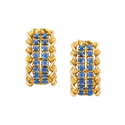 Lot 175 - Pair of Gold and Cabochon Sapphire Hoop Earclips, Sabbadini