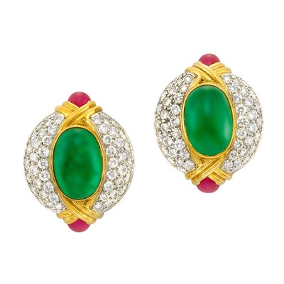 Lot 203 - Pair of Gold, Platinum, Cabochon Emerald and Ruby and Diamond Earclips, Trio