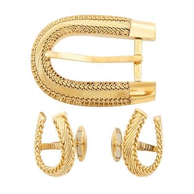 Lot 565 - Gold Horseshoe Buckle and Pair of Gold Cufflinks