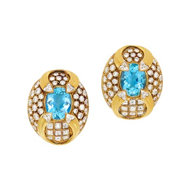 Lot 18 - Pair of Gold, Aquamarine and Diamond Earclips