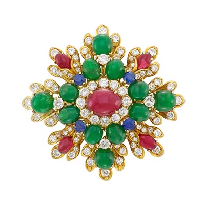 Lot 196 - Gold, Cabochon Colored Stone and Diamond Brooch