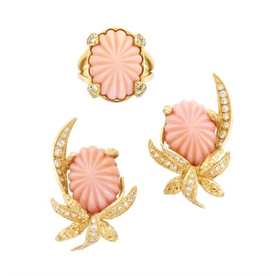 Lot 10 - Pair of Gold, Carved Angel Skin Coral and Diamond Earclips and Ring