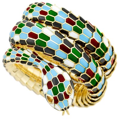 Lot 365 - Gold, Enamel and Brown Diamond Snake Bracelet