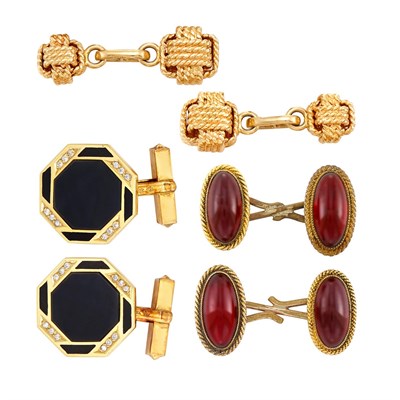Lot 561 - Group of Gold, Cabochon Colored Stone, Diamond and Black Onyx Cufflinks