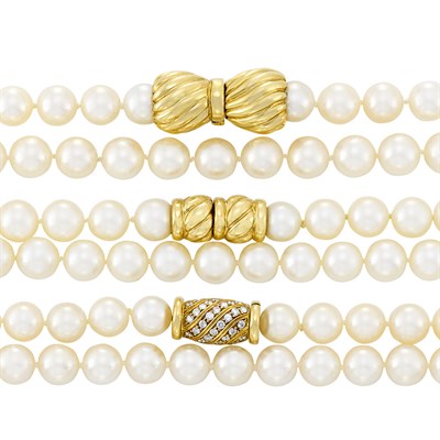 Lot 8 - Three Cultured Pearl Necklaces with Gold and Diamond Clasps