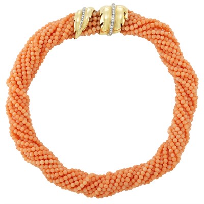 Lot 2 - Thirteen Strand Coral Bead Torsade Necklace with Gold and Diamond Leaf Clasp