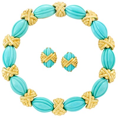 Lot 363 - Gold and Carved Turquoise Necklace and Pair of Earclips
