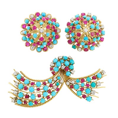 Lot 250 - Gold, Turquoise, Ruby, Cabochon Ruby and Diamond Brooch and Pair of Earclips, Nardi