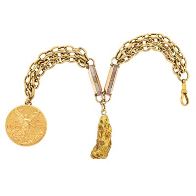 Lot 672 - Double Strand Gold, Low Karat Rose Gold, Agate, Quartz, Mexican Coin and Nugget Gold Watch Chain