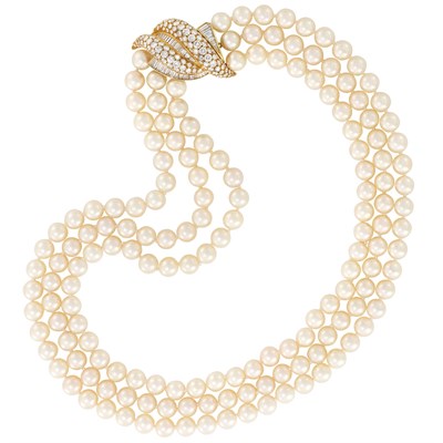 Lot 278 - Triple Strand Cultured Pearl Necklace with Gold and Diamond Bombe Clasp