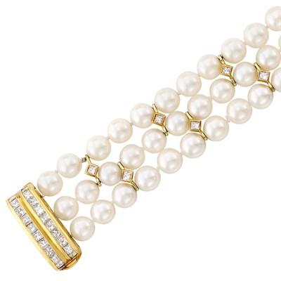 Lot 5 - Triple Strand Cultured Pearl, Gold and Diamond Bracelet