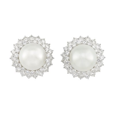Lot 295 - Pair of Platinum, South Sea Cultured Button Pearl and Diamond Earclips