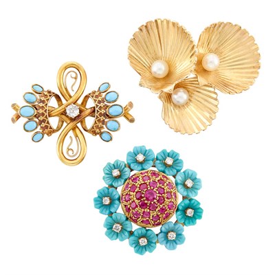 Lot 251 - Three Gold, Carved Turquoise, Turquoise, Cultured Pearl, Ruby and Diamond Pins