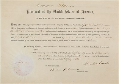 Lot 166 - LINCOLN, ABRAHAM Postmaster appointment signed....