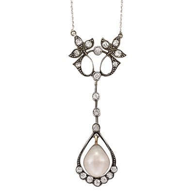 Lot 81 - Antique Silver, Gold, Light Pinkish-Brown Natural Pearl and Diamond Lavaliere