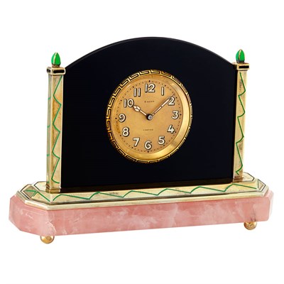 Lot 97 - Art Deco Silver-Gilt, Rose Quartz, Black Onyx and Enamel Eight-Day Desk Clock, Cartier