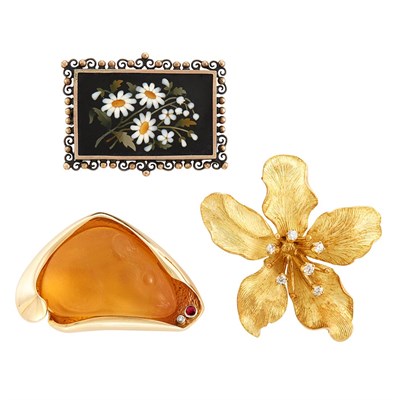 Lot 76 - Gold and Diamond Flower Brooch, Tiffany & Co., Carved Citrine Mouse Pendant-Brooch and Antique Pietra Dura Pin
