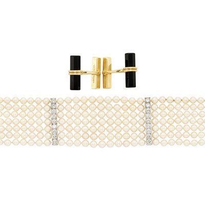 Lot 296 - Pair of Gold and Black Onyx Cufflinks, Tiffany & Co., and Cultured Pearl, White Gold and Diamond Choker Necklace