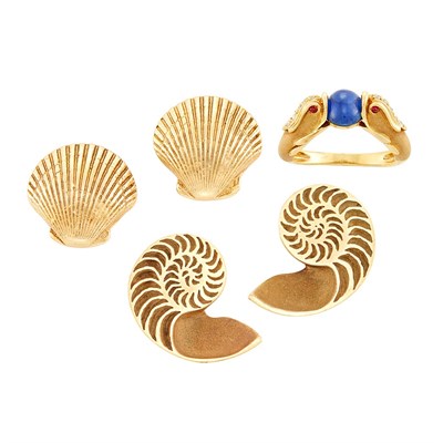 Lot 331 - Pair of Gold Shell Earrings, Hammerman Brothers, Gold, Sapphire and Diamond Dolphin Ring and Pair of Shell Earrings