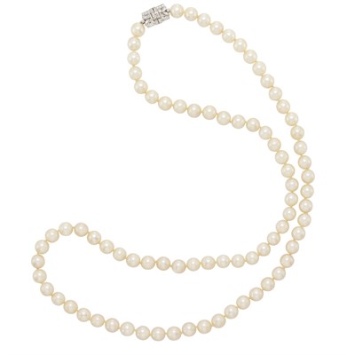 Lot 158 - Long Cultured Pearl Necklace with Platinum and Diamond Clasp