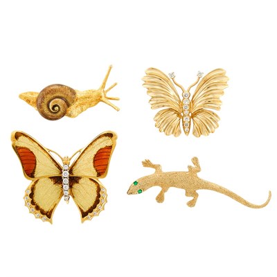 Lot 86 - Four Gold, Diamond, Emerald and Enamel Butterfly, Snail and Salamander Brooches