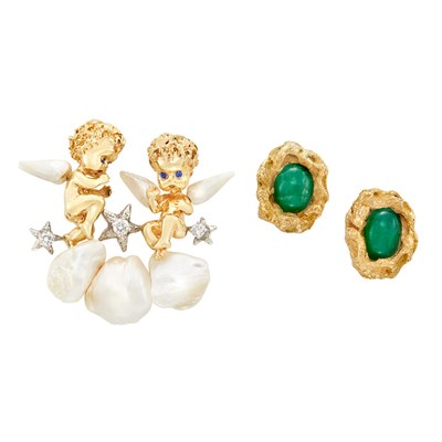 Lot 319 - Two-Color Gold, Diamond, Baroque Freshwater Pearl and Sapphire Pin and Pair of Gold and Emerald Earrings, Ruser