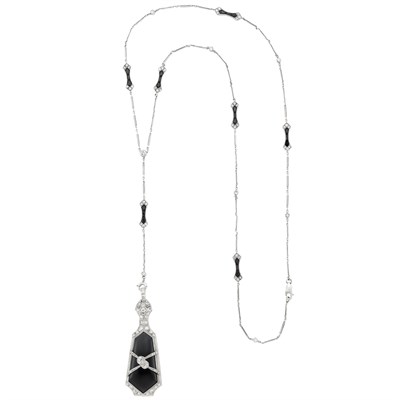 Lot 111 - Platinum, Black Onyx and Diamond Lorgnette Pendant and Chain