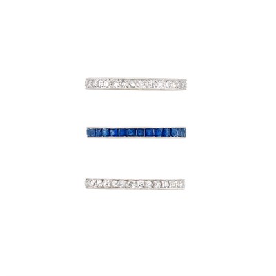 Lot 339 - Three Platinum, Diamond and Sapphire Guard Rings