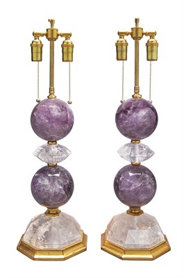 Lot 377 - Pair of Amethyst and Clear Rock Crystal Lamps...