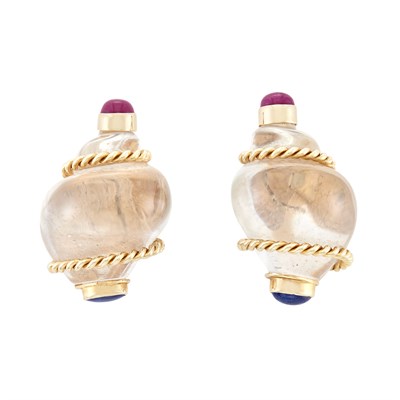 Lot 49 - Pair of Gold, Rock Crystal, Cabochon Sapphire and Ruby Shell Earclips, Seaman Schepps