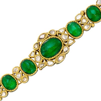Lot 515 - Indian Gold, Foiled-Back Emerald and Diamond and Jaipur Enamel Bracelet